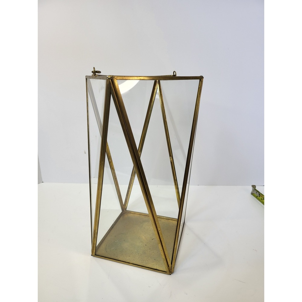 Gold Brass Geometric Glass Lantern Candle Holder Modern Wedding Decor 11.5 inch